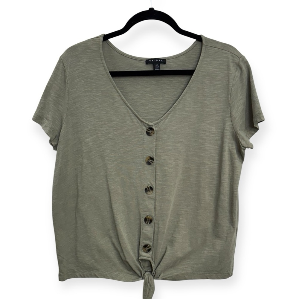Tribal Women’s Olive Button-Down Tie-Front Shirt Size L *2146